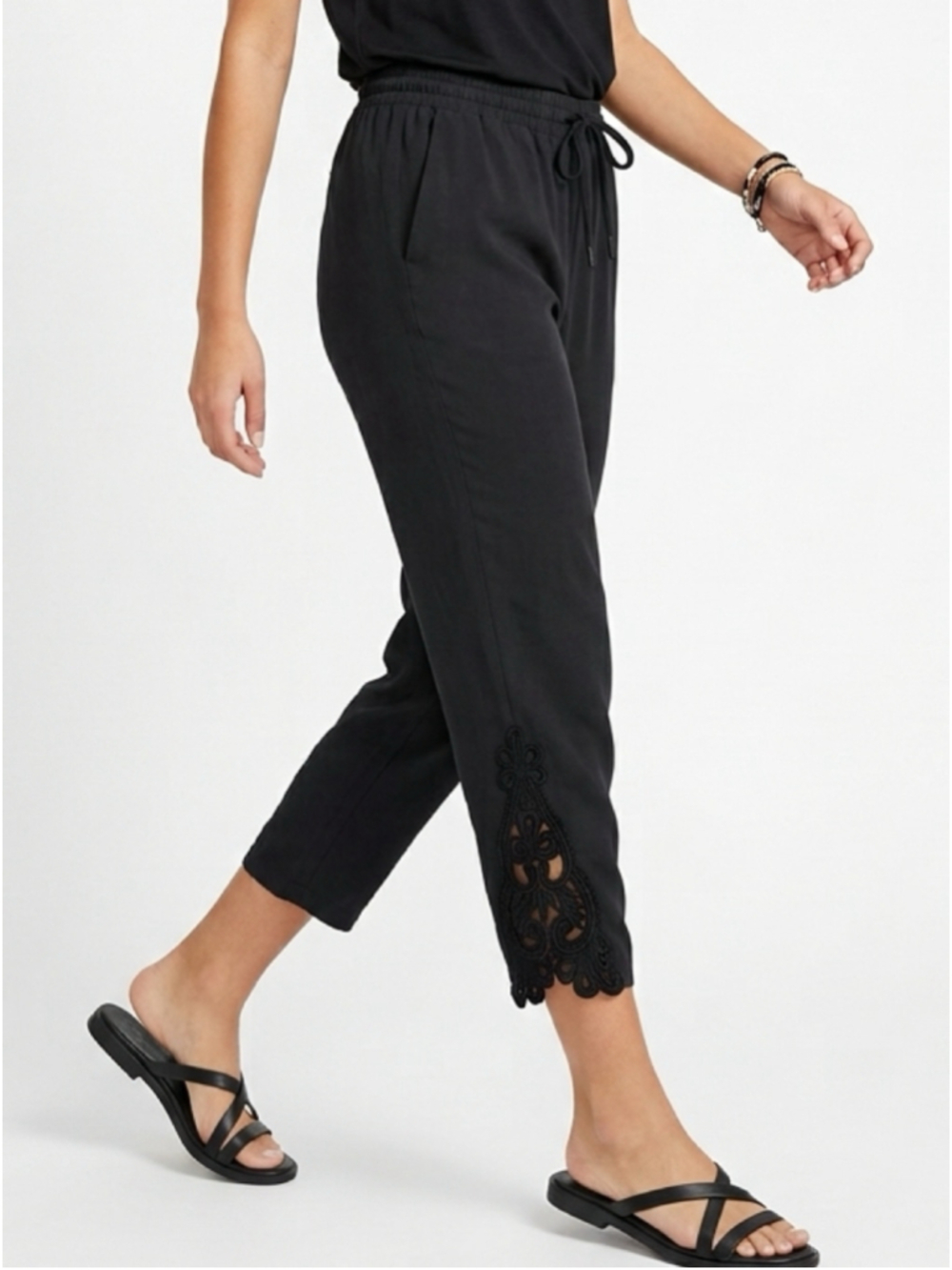 Black Drawstring Cropped Pants • Crochet Soutache Lace Hem Boho 100% cotton -145